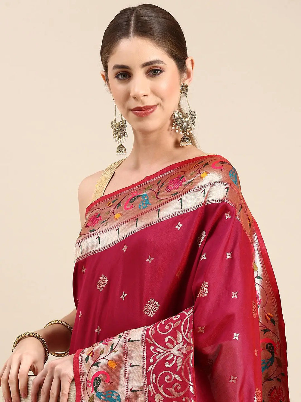 Maroon Soft Silk Saree with Peacock Weaving & Gold Zari Border