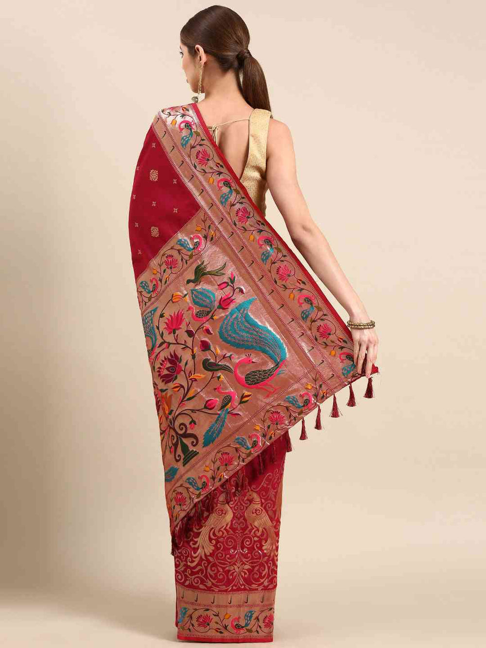 Maroon Soft Silk Saree with Peacock Weaving & Gold Zari Border