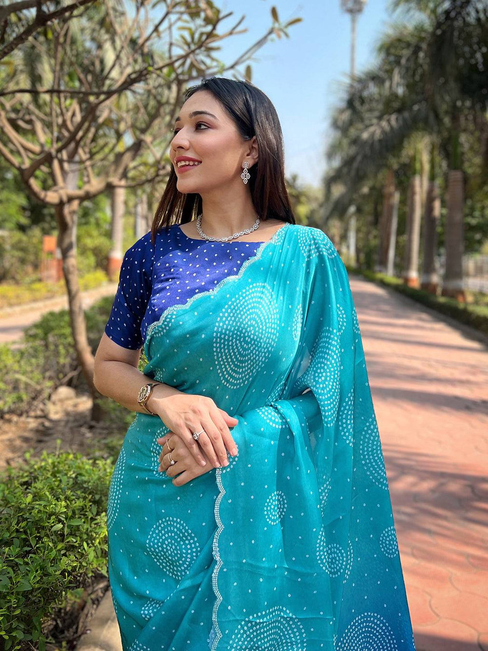 Blue Ombre Bandhani Print Georgette Saree for Women
