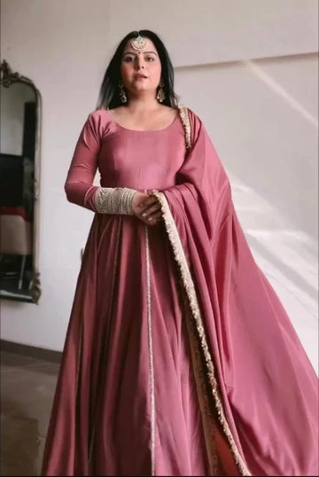 Rosewood Pink Anarkali Gown Set with Embellished Dupatta