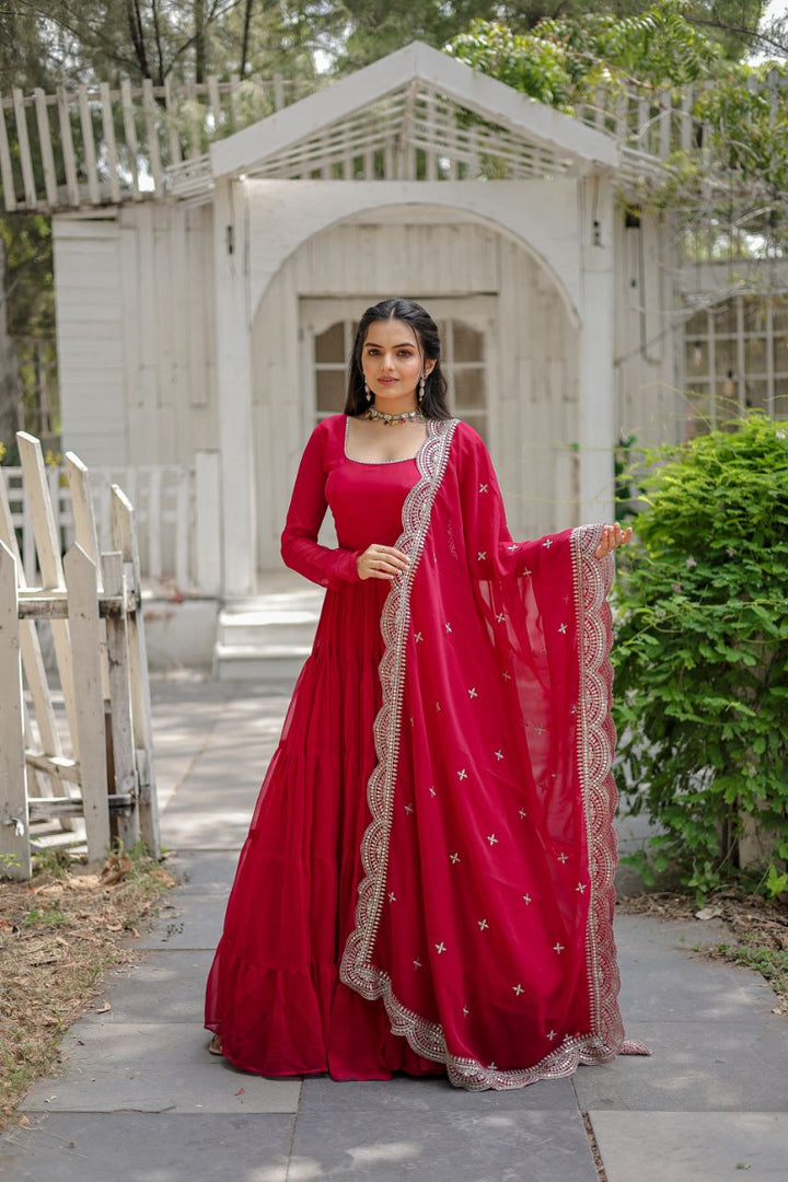 Royal Red Anarkali Gown Set with Embroidered Dupatta