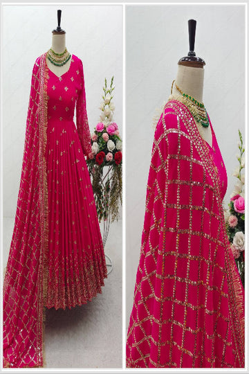 Rani Pink Embroidered Anarkali Gown Set with Designer Dupatta