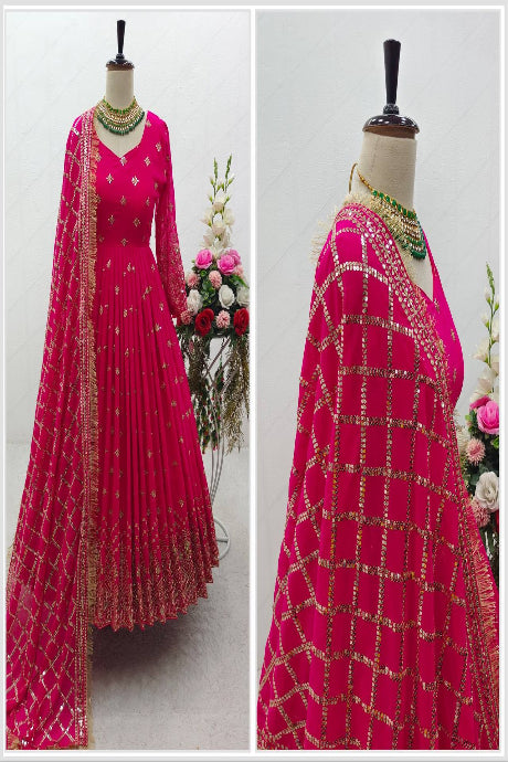 Rani Pink Embroidered Anarkali Gown Set with Designer Dupatta