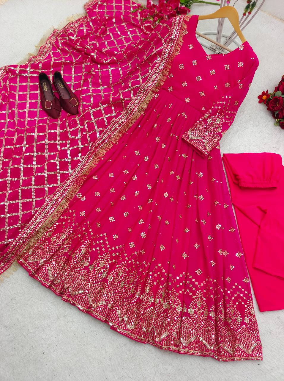 Rani Pink Embroidered Anarkali Gown Set with Designer Dupatta