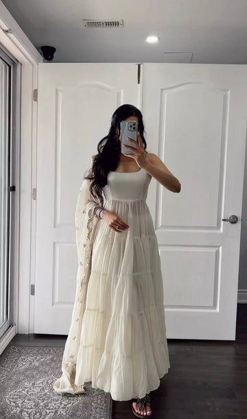 Ivory Tiered Anarkali Gown Set with Embroidered Dupatta