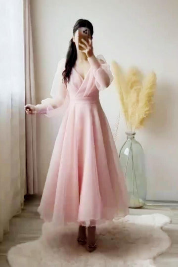 Blush Pink Flared Party Wear Gown with Sheer Sleeves