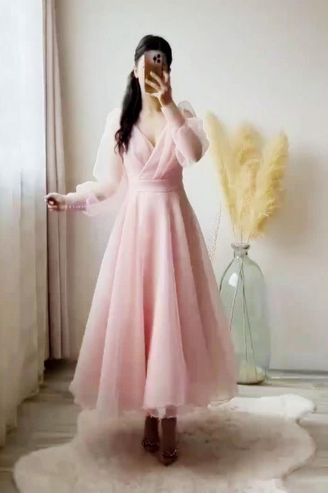 Blush Pink Flared Party Wear Gown with Sheer Sleeves
