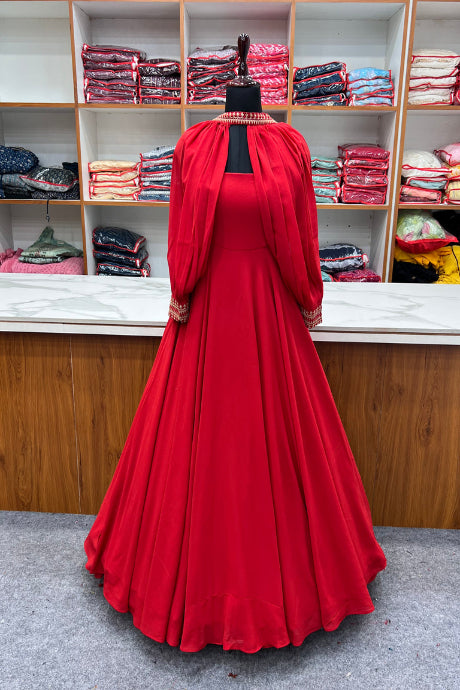 Elegant Red Flared Anarkali Gown with Designer Sleeves