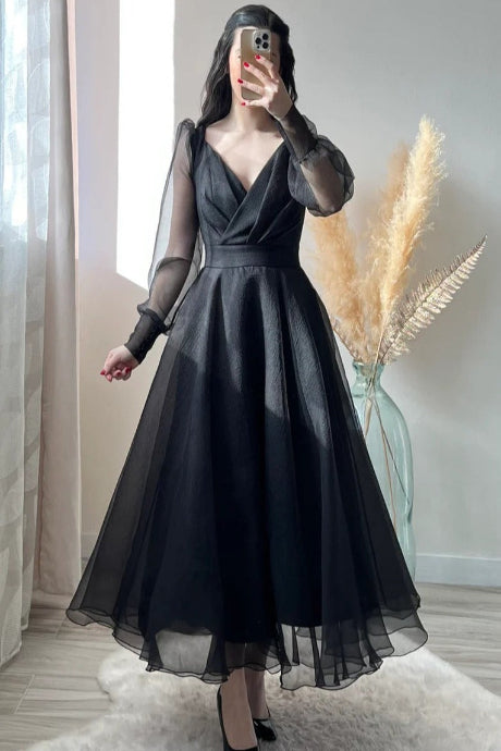 Classic Black Flared Party Wear Gown with Sheer Sleeves
