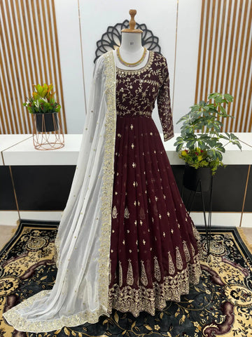 Wine Embroidered Anarkali Gown Set with Ivory Dupatta