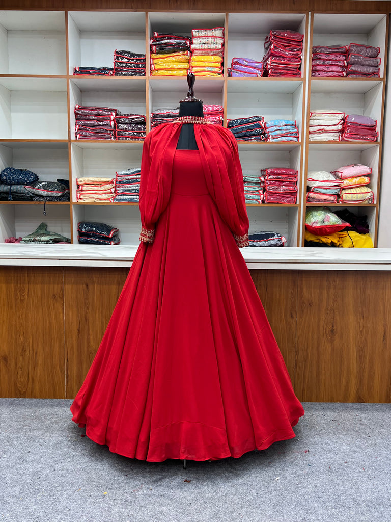 Elegant Red Flared Anarkali Gown with Designer Sleeves