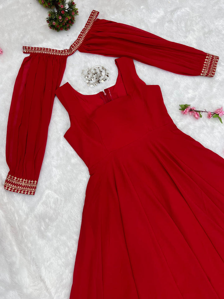 Elegant Red Flared Anarkali Gown with Designer Sleeves
