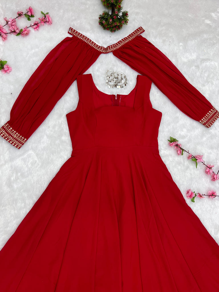 Elegant Red Flared Anarkali Gown with Designer Sleeves