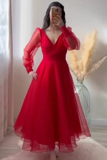 Elegant Red Flared Party Wear Gown with Sheer Sleeves