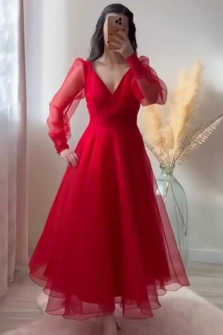 Elegant Red Flared Party Wear Gown with Sheer Sleeves