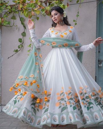 Ivory Floral Anarkali Gown Set with Mint Embroidered Dupatta