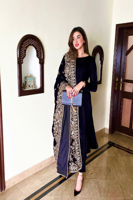 Black Velvet Anarkali Suit with Heavy Embroidered Dupatta for Women | Festive & Wedding Wear