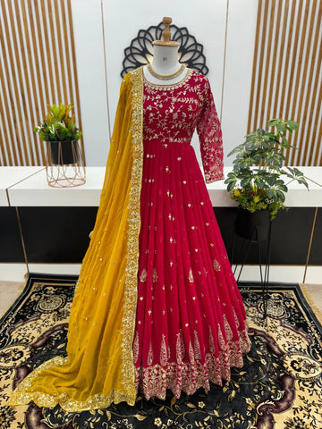 Rani Pink Embroidered Anarkali Gown Set with Mustard Dupatta
