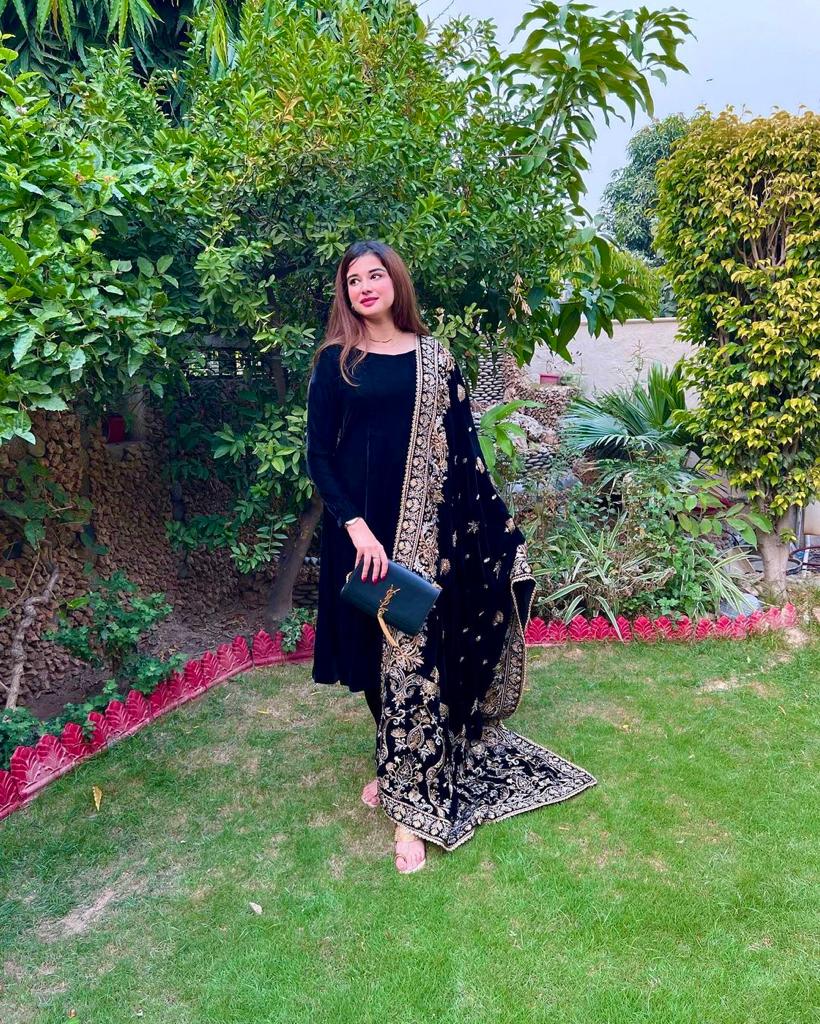 Black Velvet Anarkali Suit with Heavy Embroidered Dupatta for Women | Festive & Wedding Wear