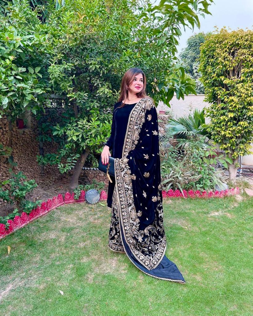 Black Velvet Anarkali Suit with Heavy Embroidered Dupatta for Women | Festive & Wedding Wear