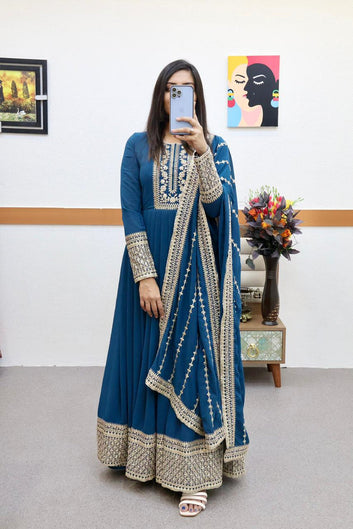 Teal Blue Embroidered Anarkali Gown Set with Detailed Dupatta