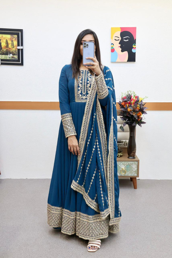 Teal Blue Embroidered Anarkali Gown Set with Detailed Dupatta