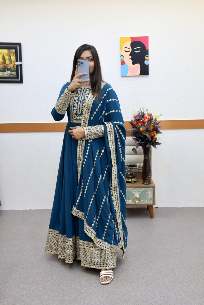 Teal Blue Embroidered Anarkali Gown Set with Detailed Dupatta