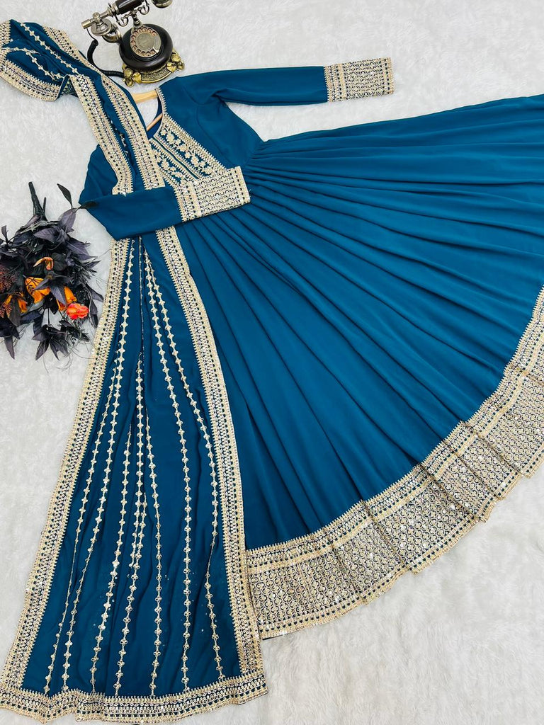 Teal Blue Embroidered Anarkali Gown Set with Detailed Dupatta
