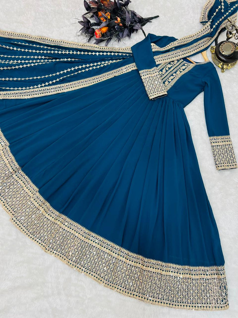 Teal Blue Embroidered Anarkali Gown Set with Detailed Dupatta