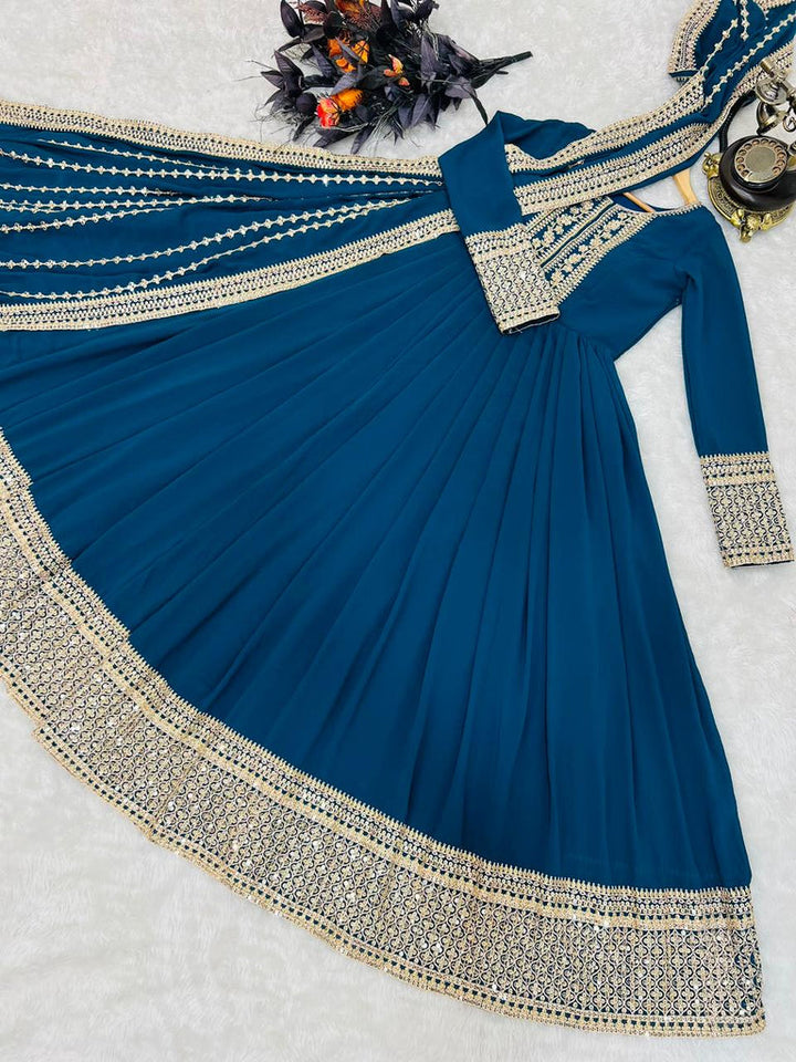 Teal Blue Embroidered Anarkali Gown Set with Detailed Dupatta