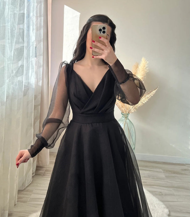 Classic Black Flared Party Wear Gown with Sheer Sleeves