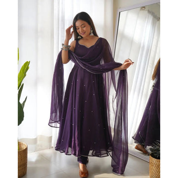 Deep Purple Anarkali Gown Set with Sheer Embellished Dupatta