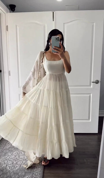 Ivory Layered Anarkali Gown Set with Embroidered Dupatta
