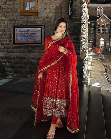 Traditional Red Embroidered Anarkali Gown Set with Gold Border Dupatta