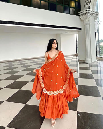 Vibrant Orange Anarkali Gown Set with Embroidered Dupatta