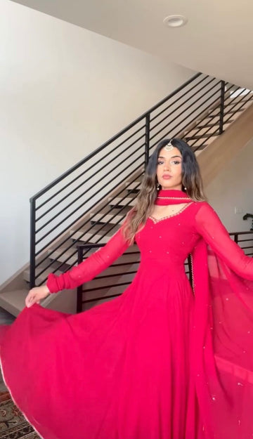 Elegant Red Festive Anarkali Gown with Dupatta