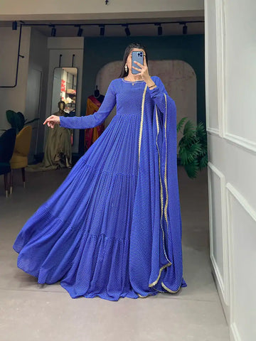 Royal Blue Printed Anarkali Gown Set