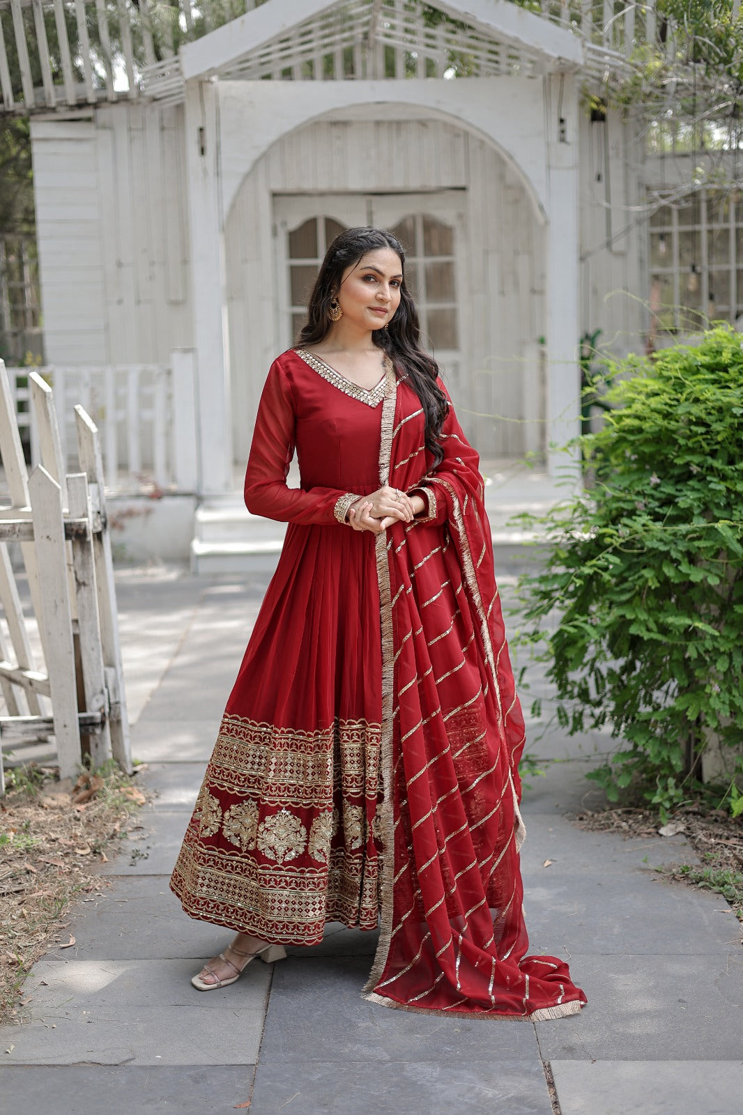 Royal Red Anarkali Gown Set with Embroidered Dupatta