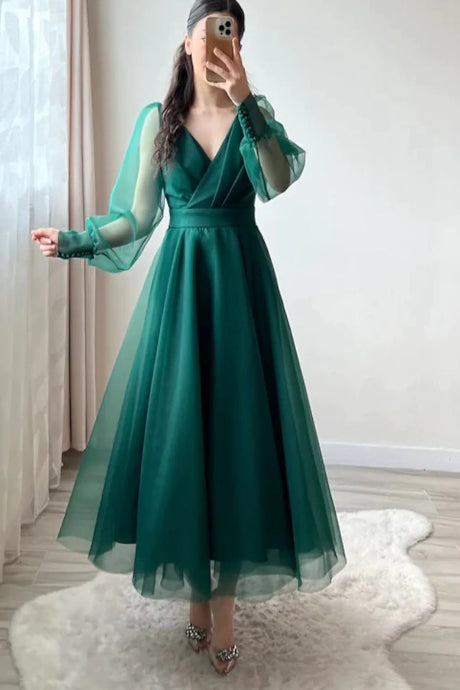 Emerald Green Flared Party Wear Gown with Sheer Sleeves