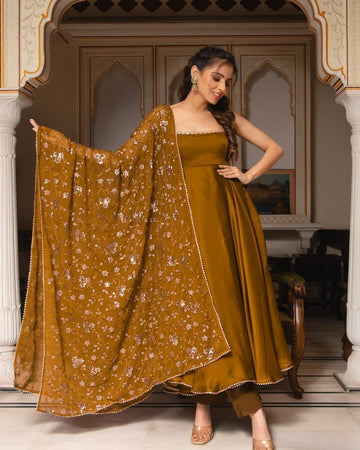 Mustard Brown Anarkali Gown Set with Floral Embroidered Dupatta