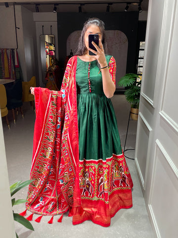 Emerald Green Anarkali Gown Set with Patola Style Red Dupatta