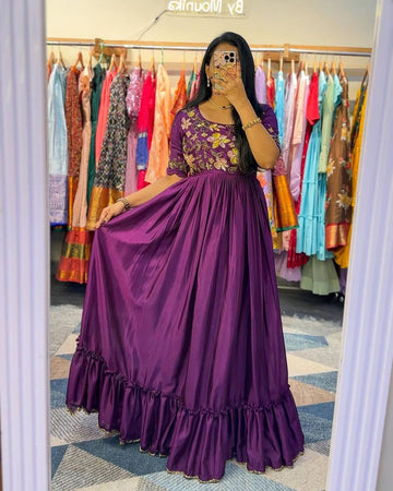 Deep Purple Embroidered Anarkali Gown with Flared Hem