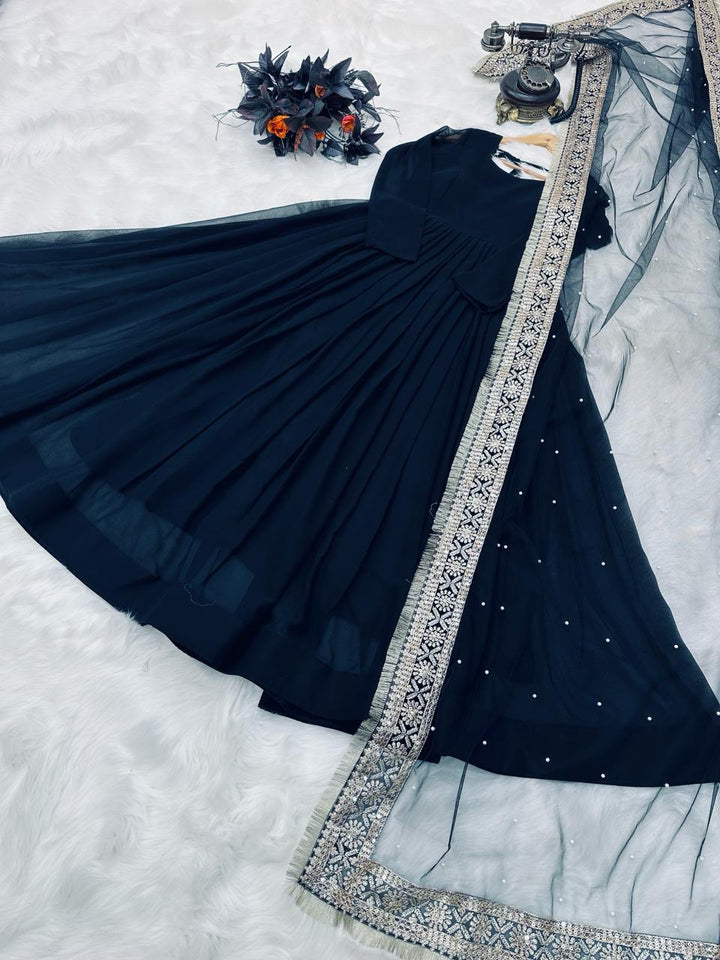 Elegant Navy Blue Anarkali Gown with Embroidered Dupatta for Women | Festive & Wedding Wear