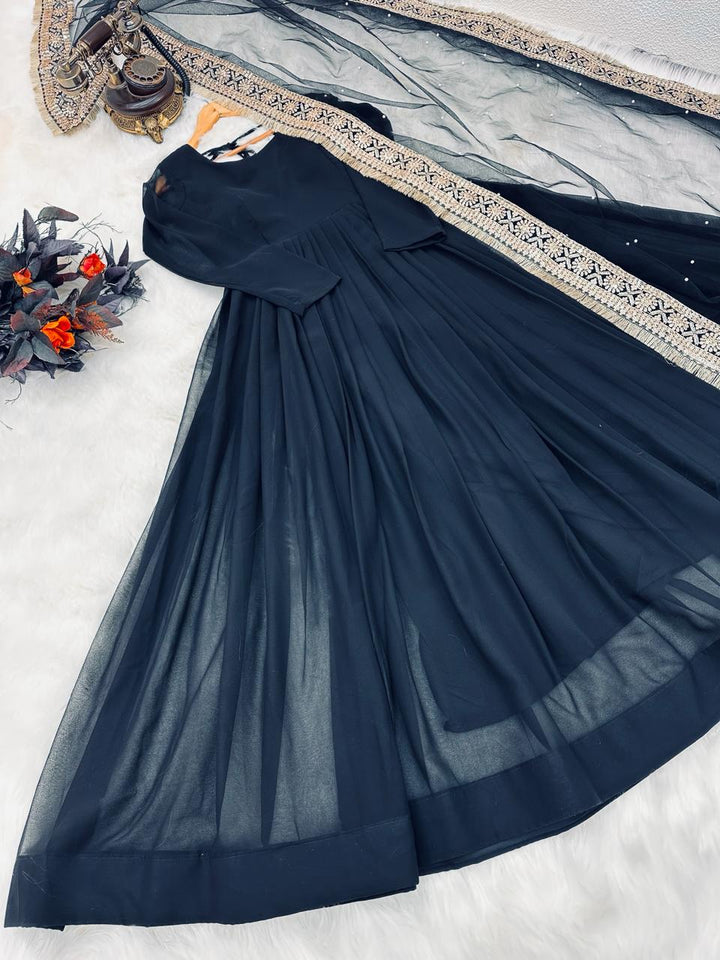 Elegant Navy Blue Anarkali Gown with Embroidered Dupatta for Women | Festive & Wedding Wear