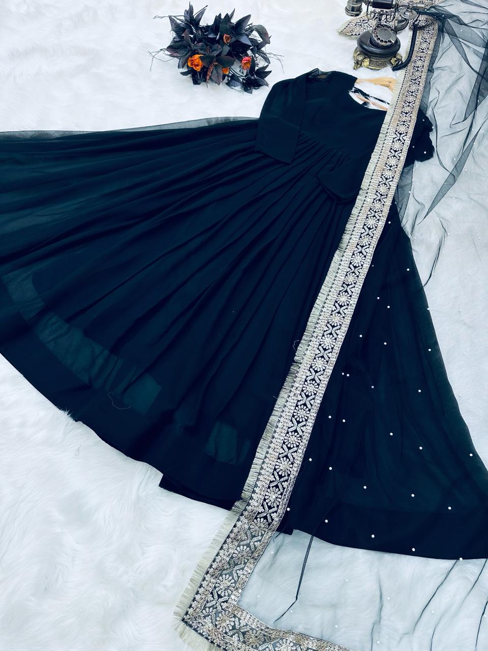 Elegant Navy Blue Anarkali Gown with Embroidered Dupatta for Women | Festive & Wedding Wear