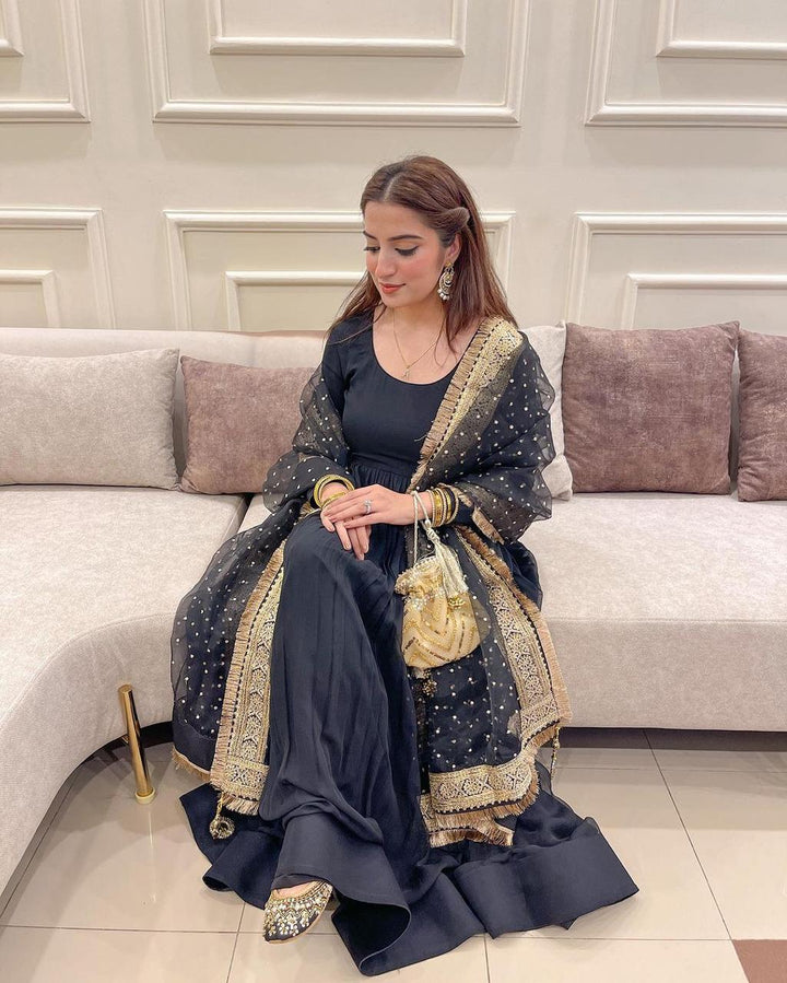 Elegant Navy Blue Anarkali Gown with Embroidered Dupatta for Women | Festive & Wedding Wear