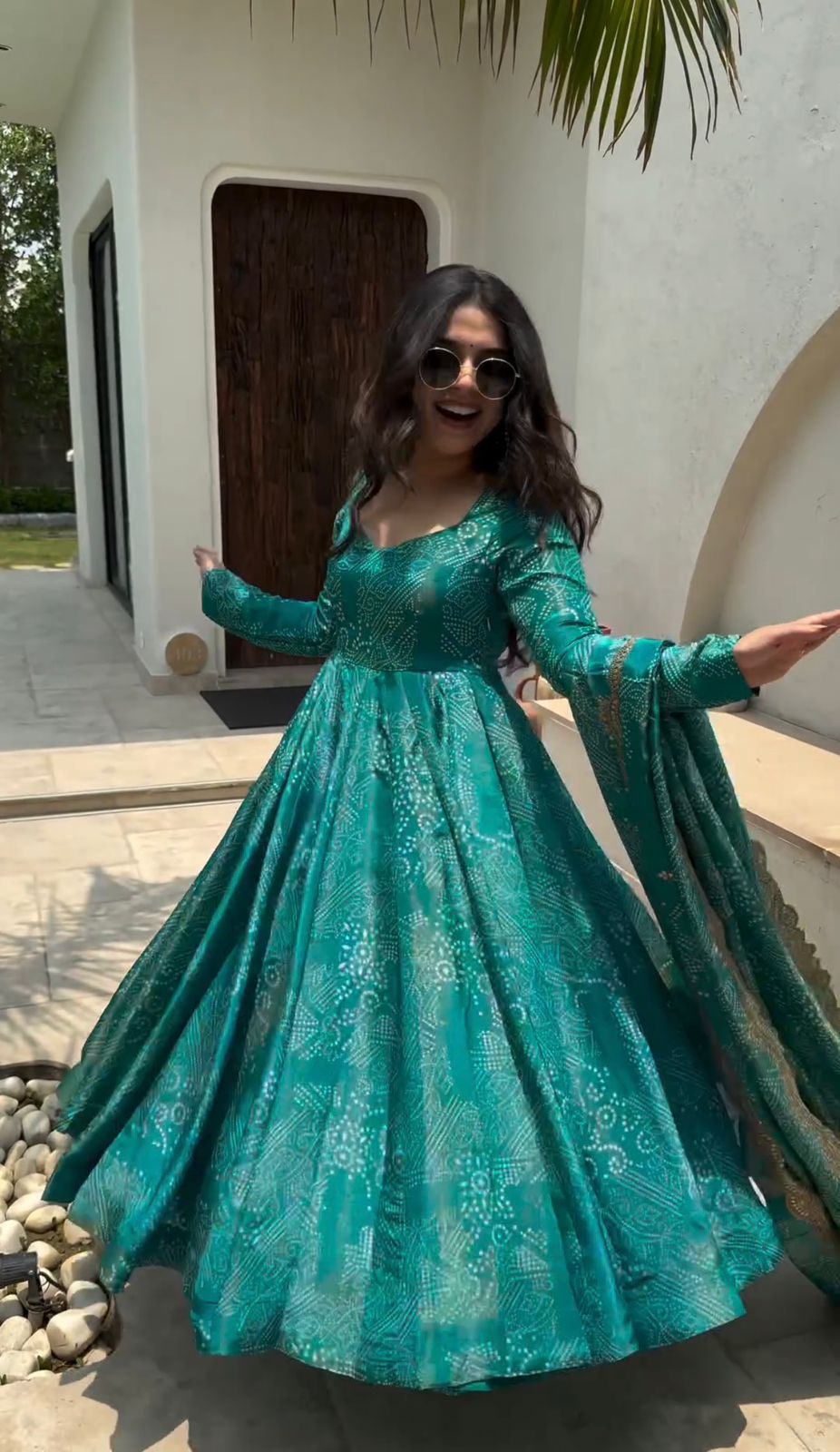 Emerald Green Printed Anarkali Gown Set with Dupatta