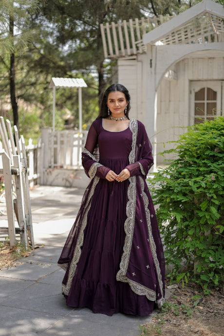 Royal Wine Embroidered Anarkali Gown with Dupatta