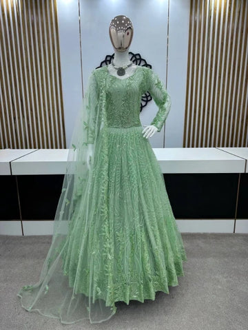 Mint Green Embroidered Anarkali Gown Set with Sheer Dupatta