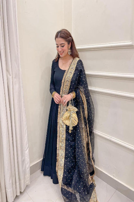 Elegant Navy Blue Anarkali Gown with Embroidered Dupatta for Women | Festive & Wedding Wear